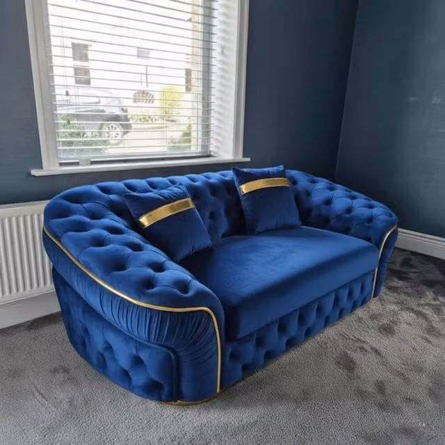Stratus Interiors Ambassador Chesterfield 2 Seater Sofa in Blue Plush Velvet with Gold Trim