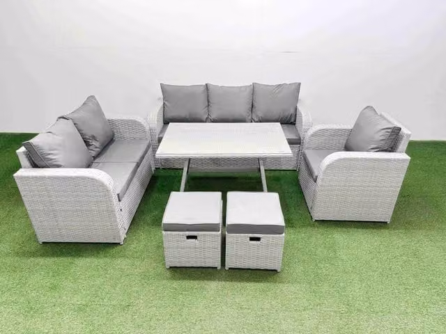 Fimous Patio Dining Table and Chairs Set with Reclining Chair and 2 Small Stools in Light Grey