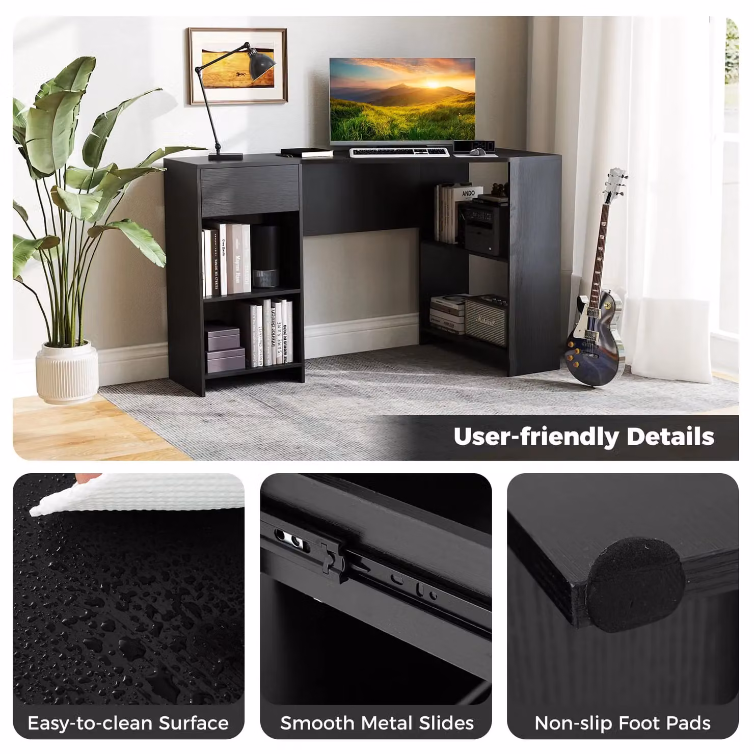 Gymax L-Shaped Corner Executive Desk with Storage Shelves and Drawer in Black – 2