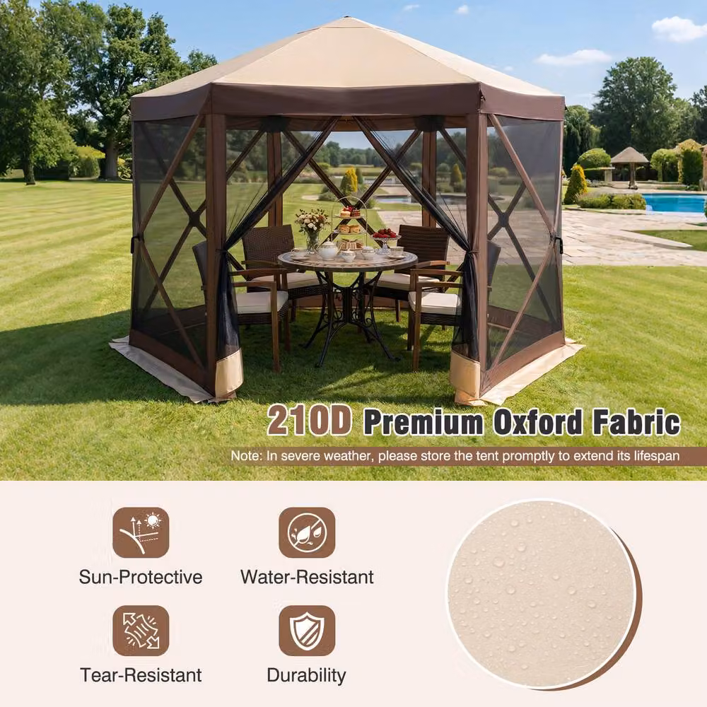 Costway Foldable 6-Sided Garden Gazebo with Net Sides and Zipped Door in Brown, W/D/H: 300 x 300 x 230 cm – 5