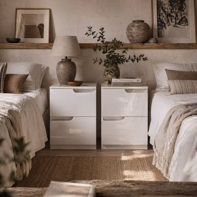 Wyld Haus Kavaha Set of 2 High Gloss White Bedside Tables with 2 Drawers Each