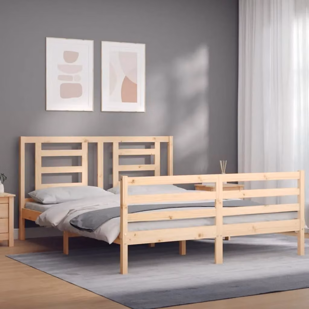 Berkfield Home Solid Wood Bed Frame with Headboard in Brown, W/D/H: 160 x 200 cm