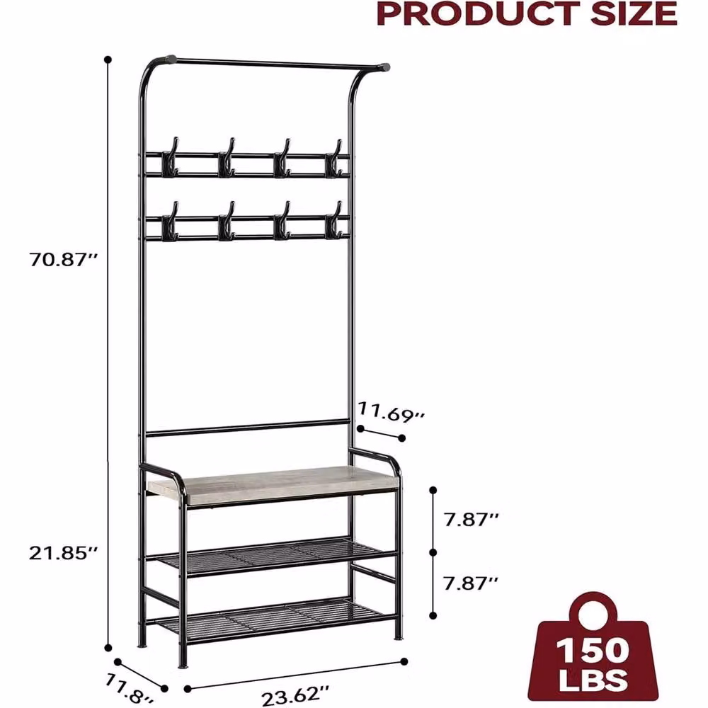 VOGREX Narrow Hall Tree Storage Bench and 4-in-1 Coat Rack with 3-Tier Shoe Rack in Black – 2