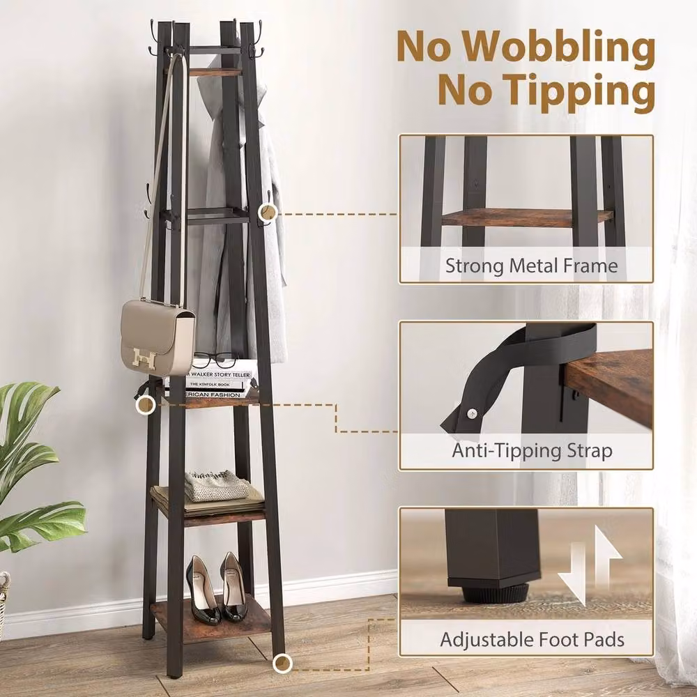 NESTLUNE Industrial Metal Coat Stand with 4 Storage Shelves in Matt Black, H 179 x W 100 x D 15 cm – 4