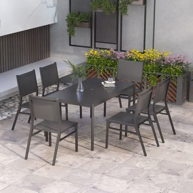 Outsunny 7 Piece Modern Grey Garden Dining Set with Breathable Mesh Seats and Aluminium Top
