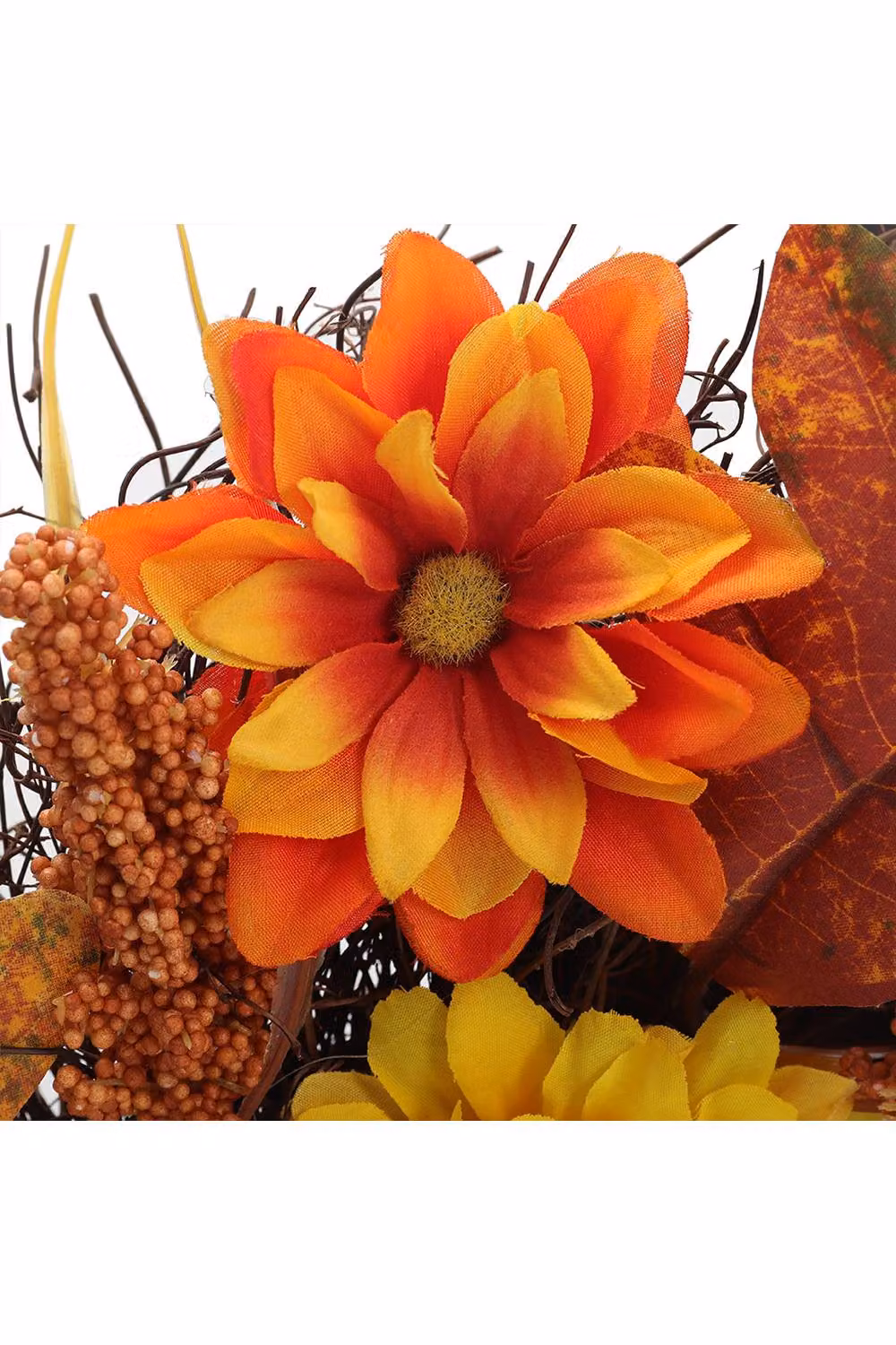 H&O Direct Autumn Daisy and Maple Leaf Wreath Hanging Decoration with LED Light, Brown, Diameter: 55 cm – 5