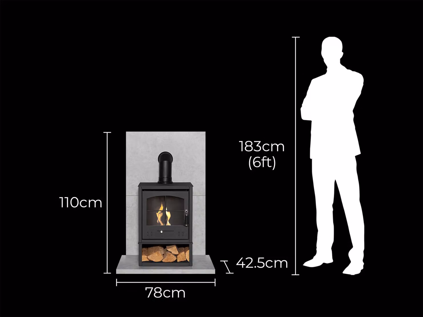 Acantha Fires & Fireplaces Tile & Hearth Set in Concrete Effect with OKO S2 Ethanol Stove and Angled Pipe in Black and Grey – 4
