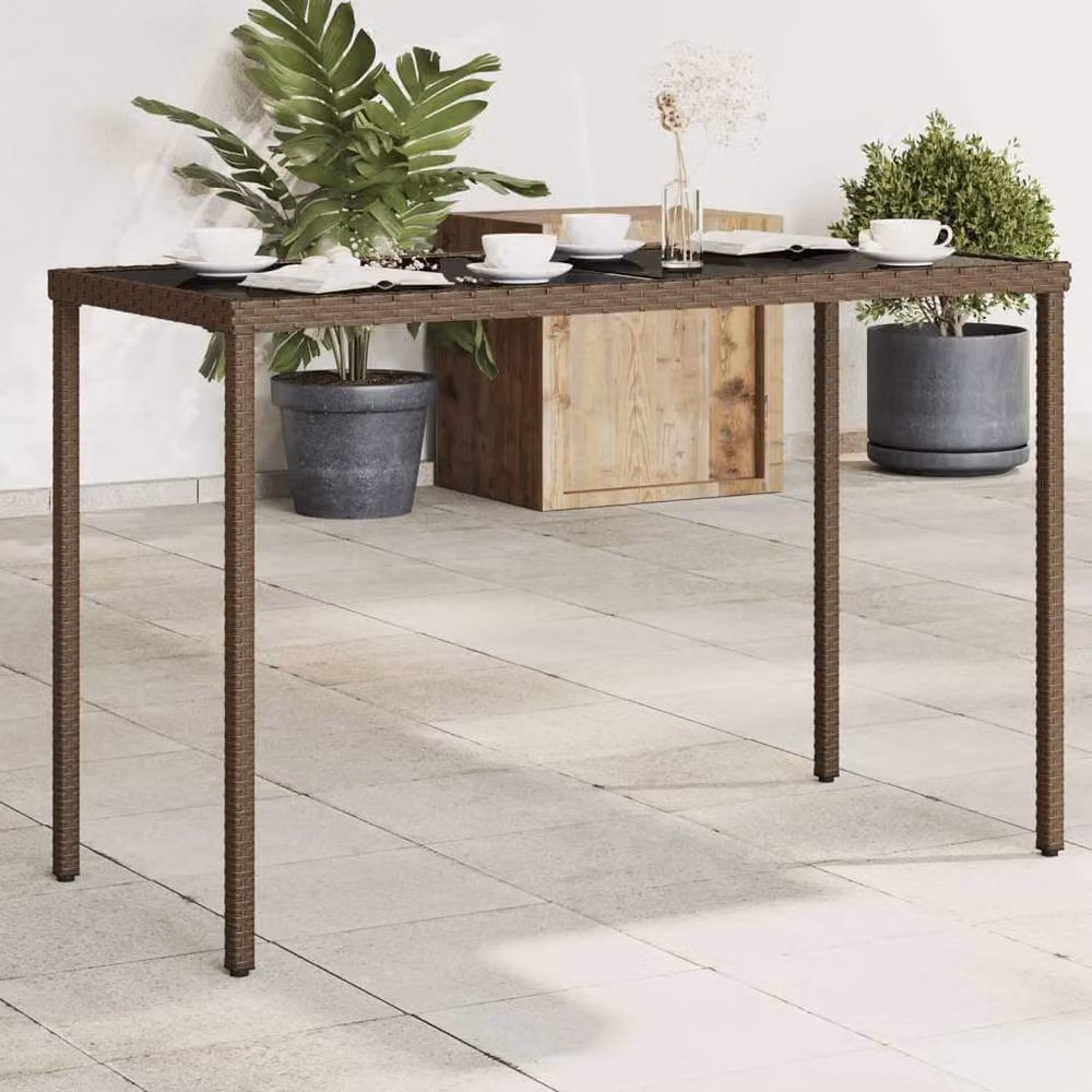 Berkfield Home Brown Poly Rattan Garden Table with Glass Top, W/D/H: 115 x 54 x 74 cm – 2