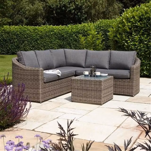 Cheshire 5 Seater Grey Polyrattan L-Shape Garden Lounge Corner Set with Fabric Cushions