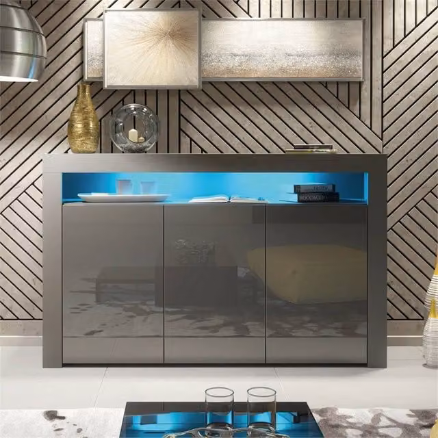 PAWNORA Modern Grey Gloss TV Stand Sideboard with Integrated Lighting – 1
