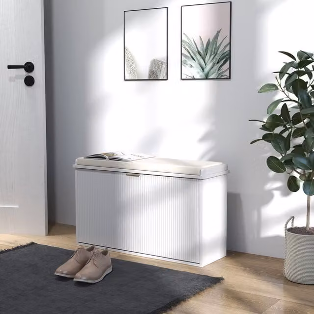 HOMCOM Modern Shoe Storage Bench with Synthetic Leather Cushion in White