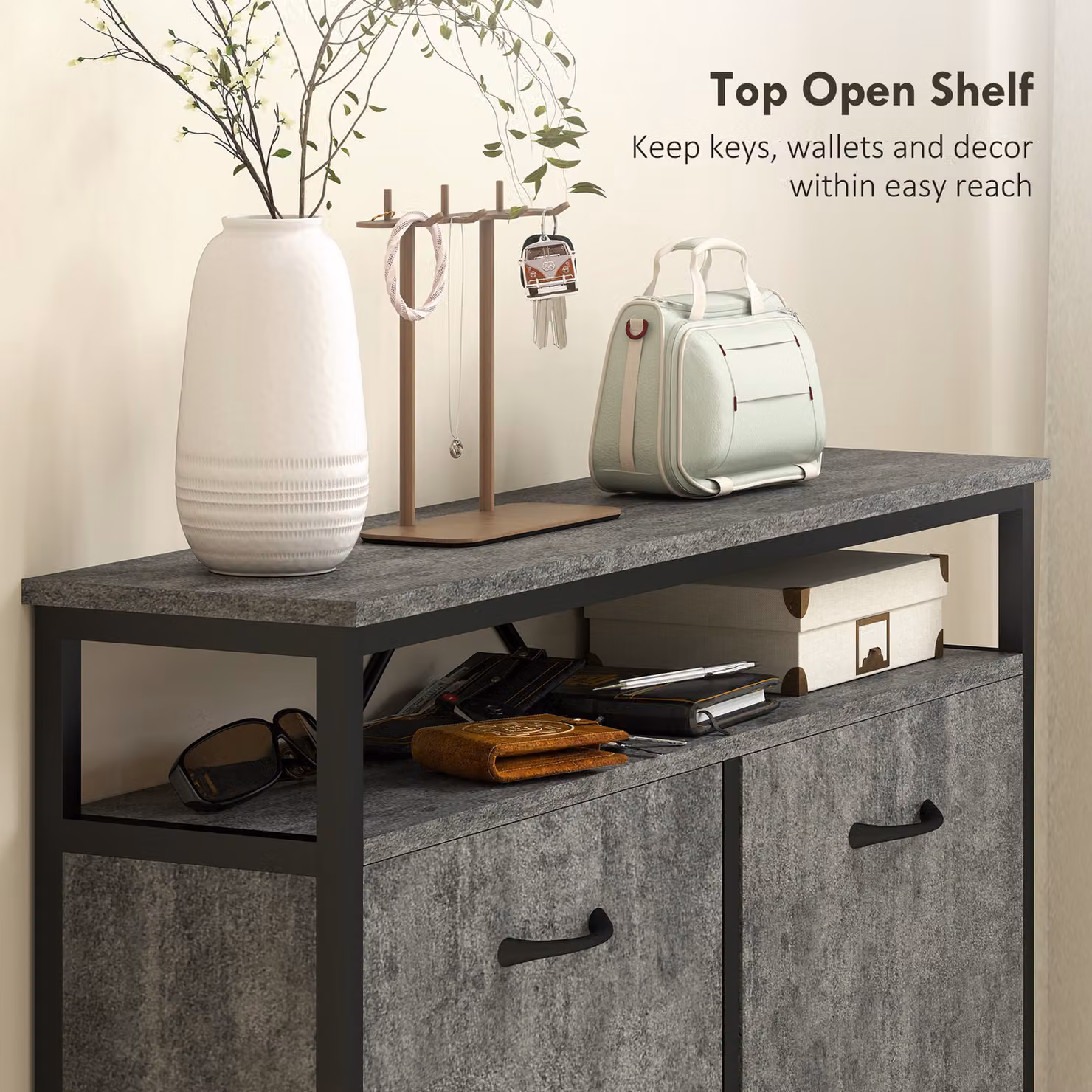 HOMCOM Industrial Shoe Storage Cabinet with 4 Tilting Compartments and Open Shelf, Grey and Black – 4