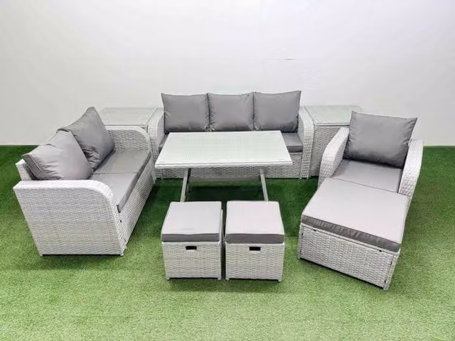Fimous Patio Dining Table and Chairs Set with Reclining Chair and 2 Side Tables in Light Grey