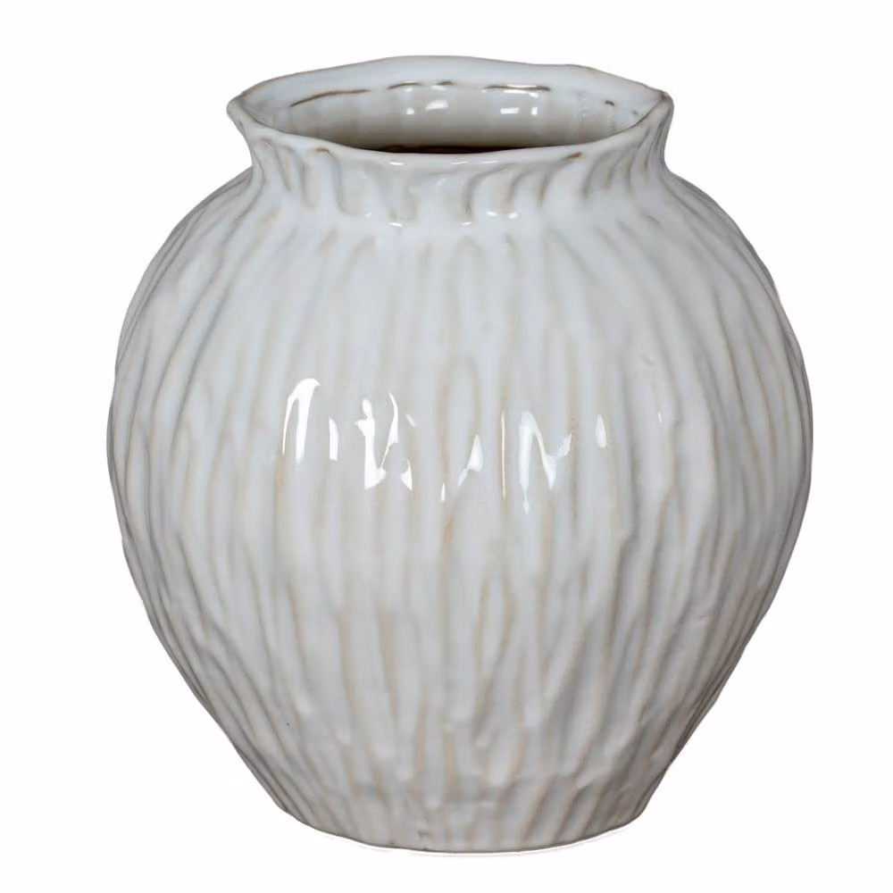 Wyld Haus Windmere White Round Textured Ceramic Tabletop Vase, H 22.0 cm x W 20.0 cm x D 20.0 cm – 2