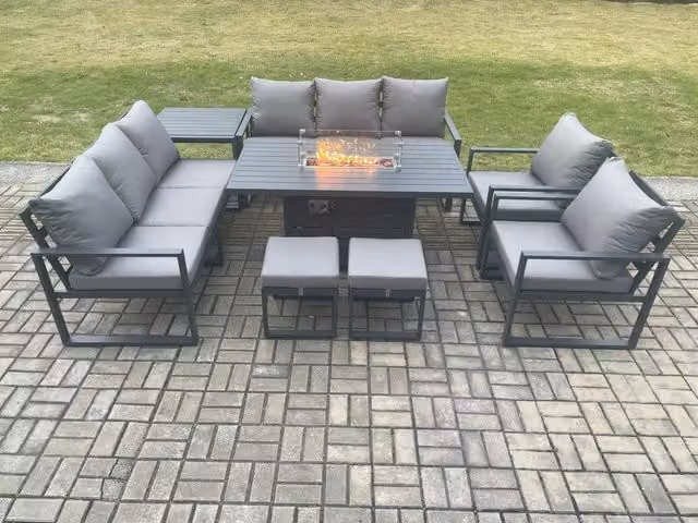 Fimous Aluminium Outdoor Garden Furniture Set with Gas Fire Pit Dining Table, Lounge Sofa, 2 Footstools and Side Table in Dark Grey