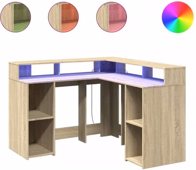 Berkfield Modern Corner Home Office Desk with LED Lights in Sonoma Oak Brown, W/D/H: 130 x 130 x 91 cm