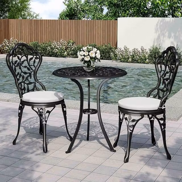 Livingandhome Art Nouveau Floral Garden Table and Chair Set in Black Powder Coated Aluminium