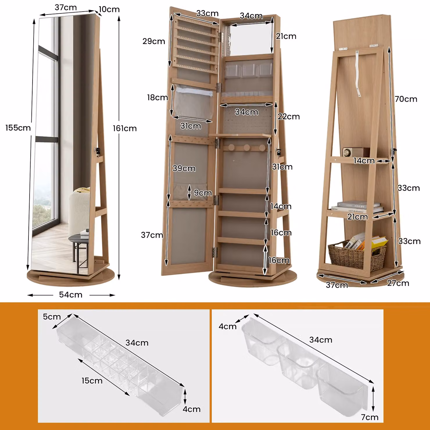 Costway 360 Rotating Standing Jewelry Armoire and Makeup Cabinet with LED Lighting and Lock in Natural Wood Finish – 2