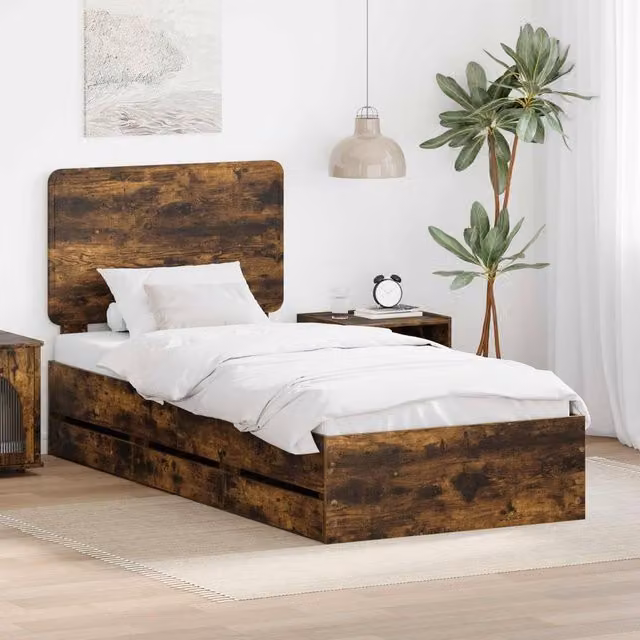 Berkfield Home Modern Bed Frame with Drawers in Smoked Oak Brown, W/D/H: 100 x 200 cm