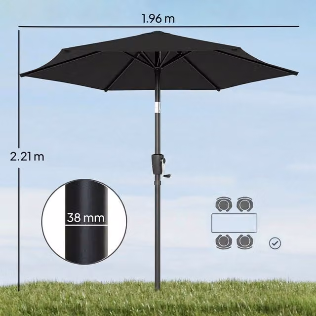 Outsunny Garden Parasol, 2m Outdoor Table Umbrella with Tilt Function, Black