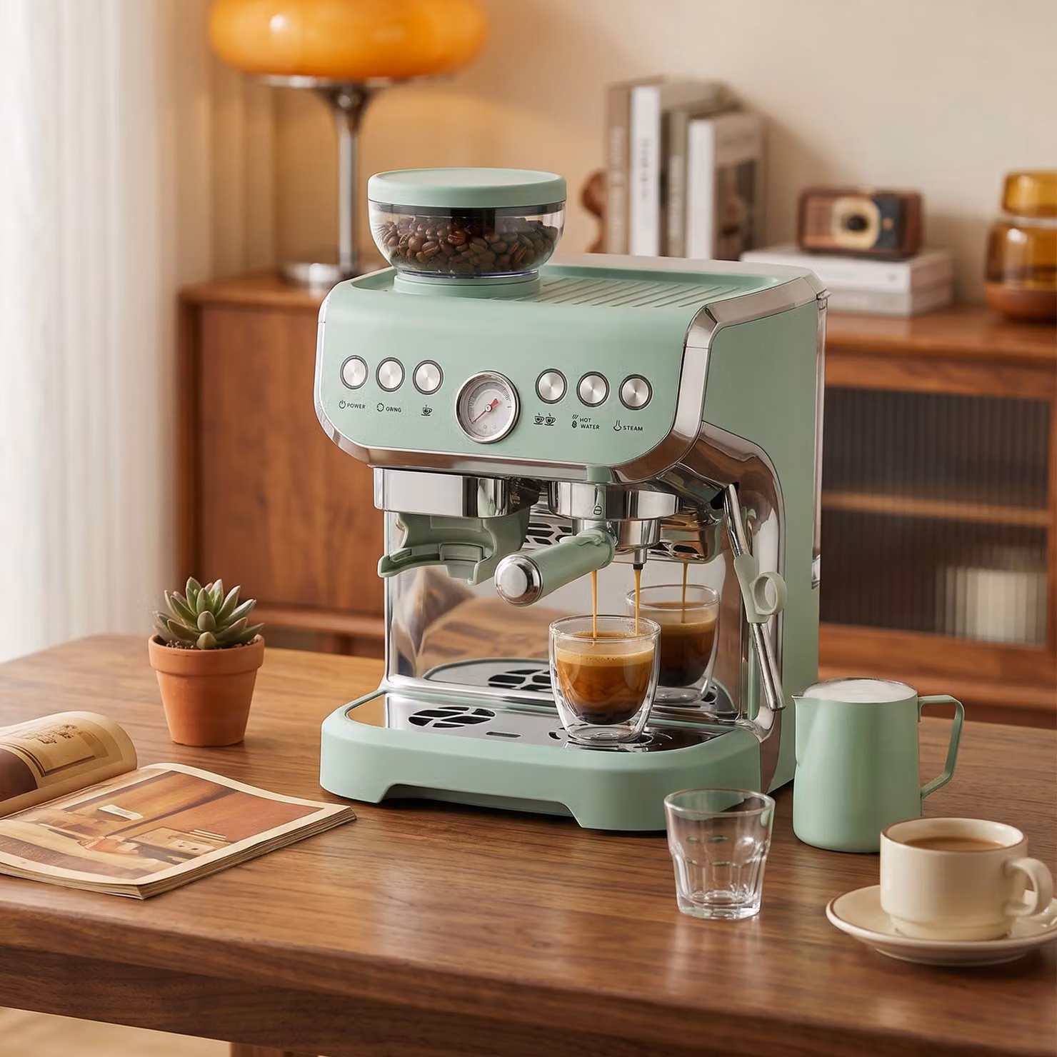 HOMCOM Bean to Cup Coffee Machine with Integrated Grinder and Steam Wand, Light Green – 8
