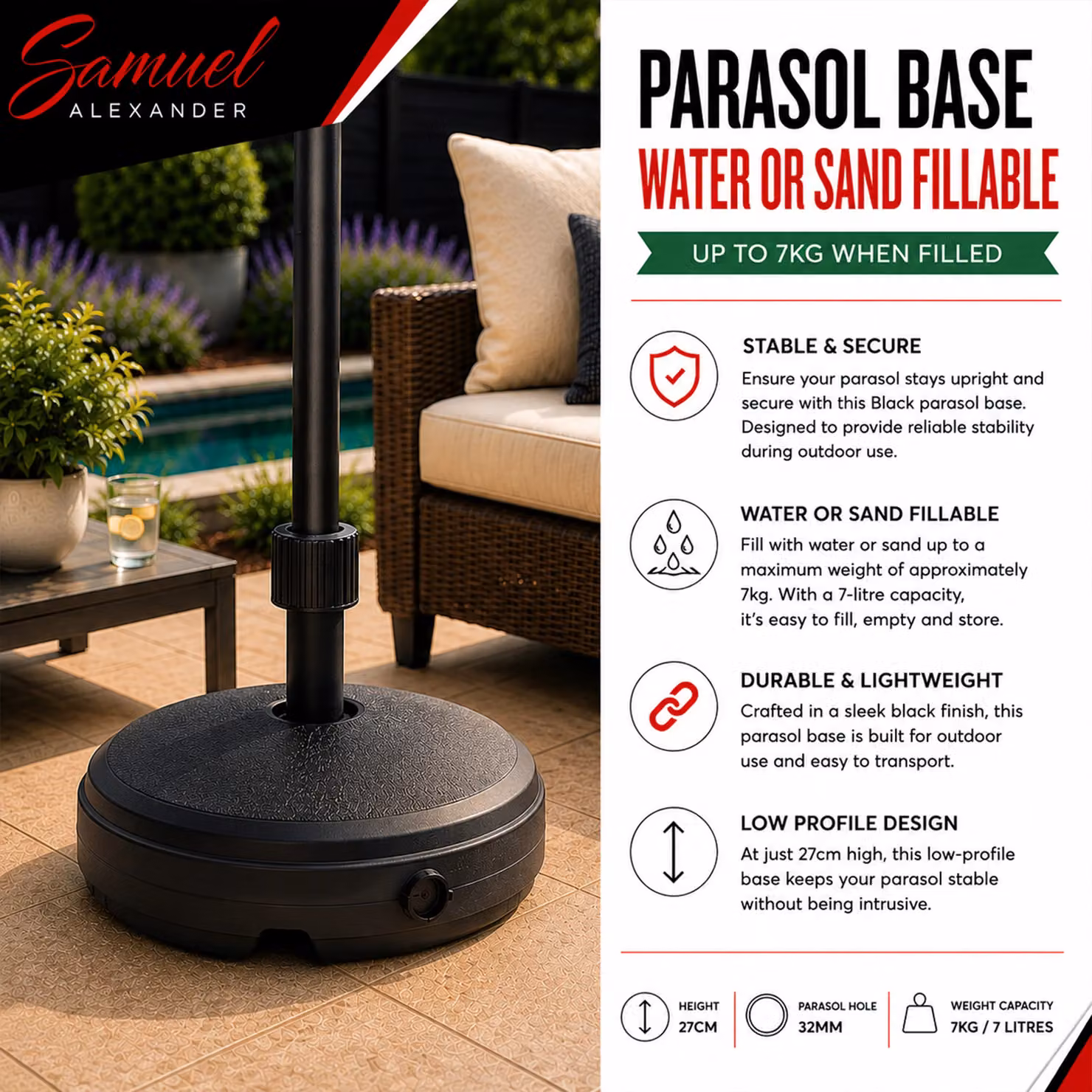 Samuel Alexander 7 Litre Water Filled Garden Parasol Base in Black – 5