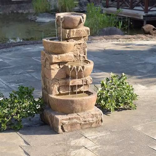 Teamson Home Brown Cascading Bowls and Stacked Stones LED Outdoor Water Fountain, H 84.5 cm x W 39.4 cm x D 38.7 cm – 3