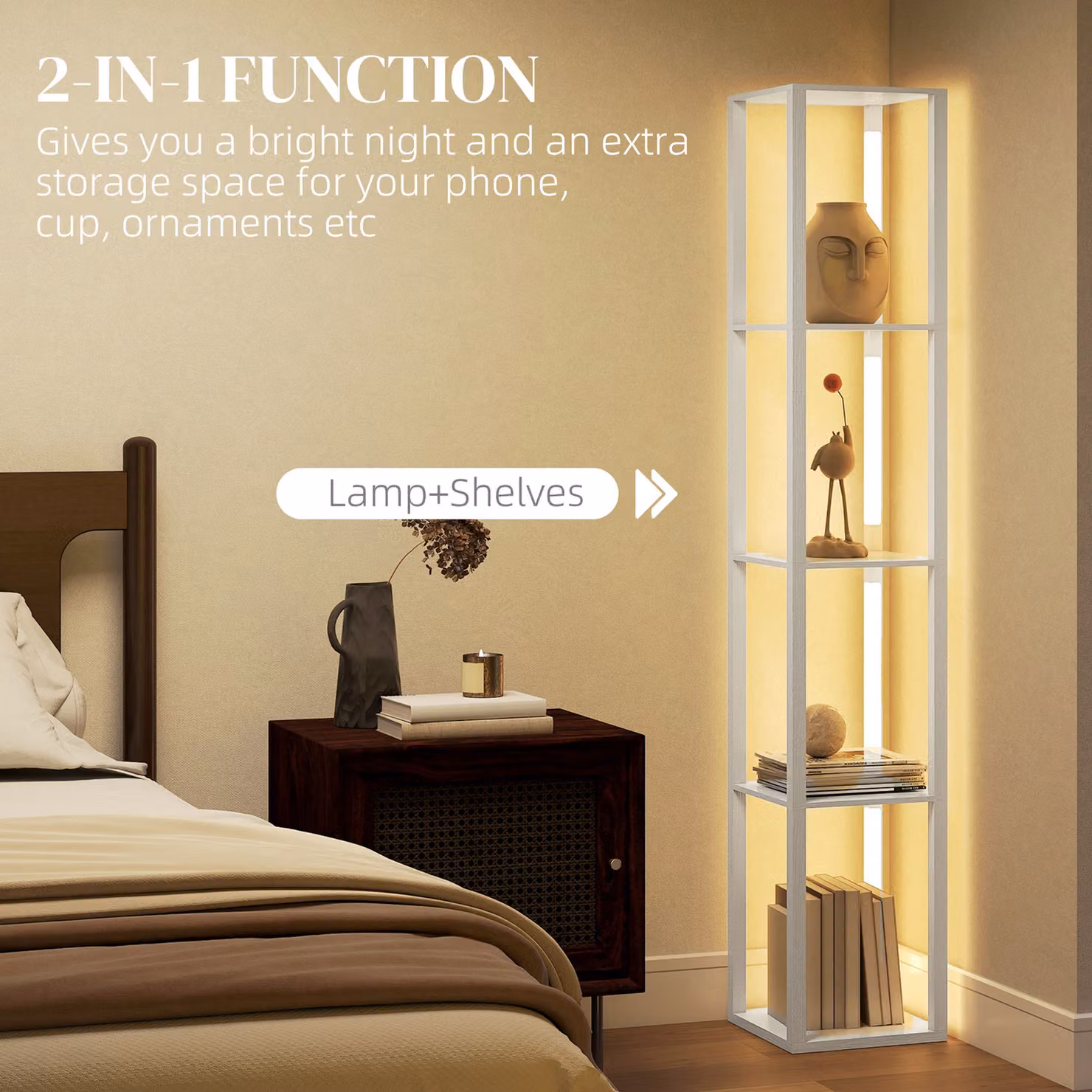 HOMCOM Modern White LED Floor Lamp with Shelves and Warm White Light – 2
