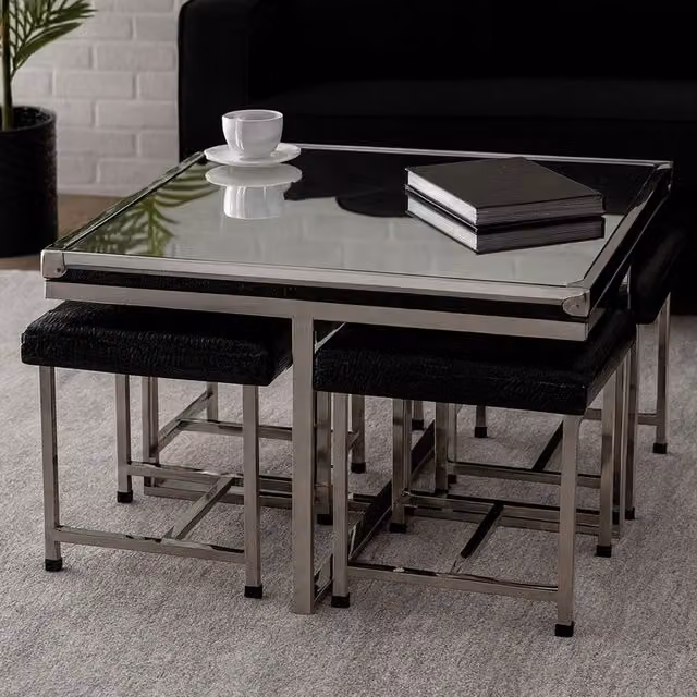 Orsina 5 Piece Silver Crocodile Leather Effect Coffee Table and Stool Set with Mirrored Glass Top – 2