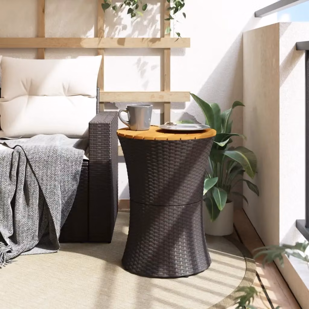 Berkfield Home Garden Drum Shape Side Table in Black Poly Rattan and Acacia Wood – 3