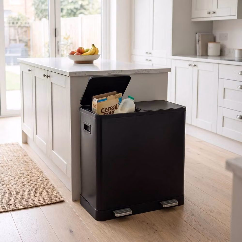 VOGREX Black Stainless Steel Dual Pedal Bin with 2x30L Soft Close Removable Inner Buckets – 4