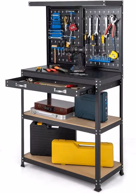 COSTWAY Industrial Metal Workbench with Pegboard in Blue and Black