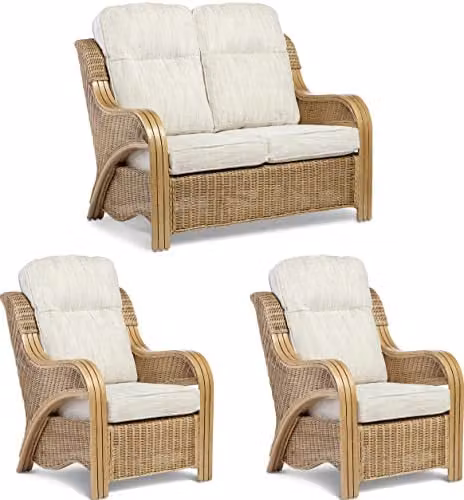 Desser Opera Rattan Conservatory Furniture Set with 2 Seater Sofa and Armchairs in Oak and Beige Fabric
