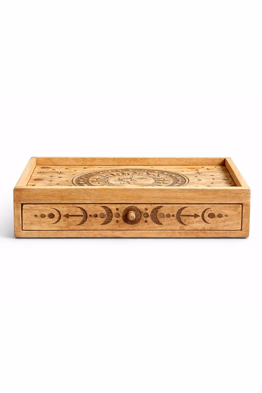 KDMD Sun Moon Carved Tarot Box with Drawer and Card Holder in Brown Wood – 2