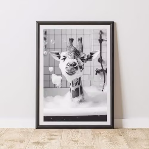 60 Second Makeover Giraffe Bubble Bath Animal Print Paper Poster, Multicolour, W: 21.0 cm, H: 29.7 cm
