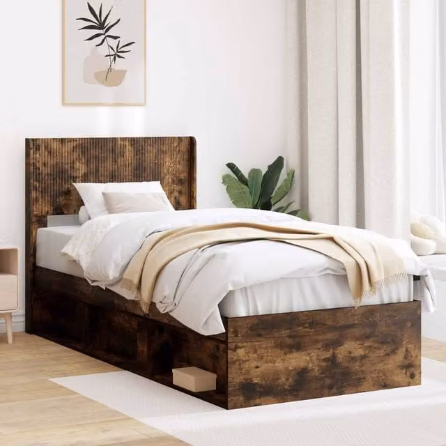 Berkfield Home Modern Bed Frame with Headboard and Side Compartment Storage, Smoked Oak, Brown, W: 100 cm, L: 200 cm