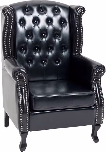 FORGEVIO Chesterfield-style Wing Back Armchair in Black Synthetic Leather with Wood Legs – 1