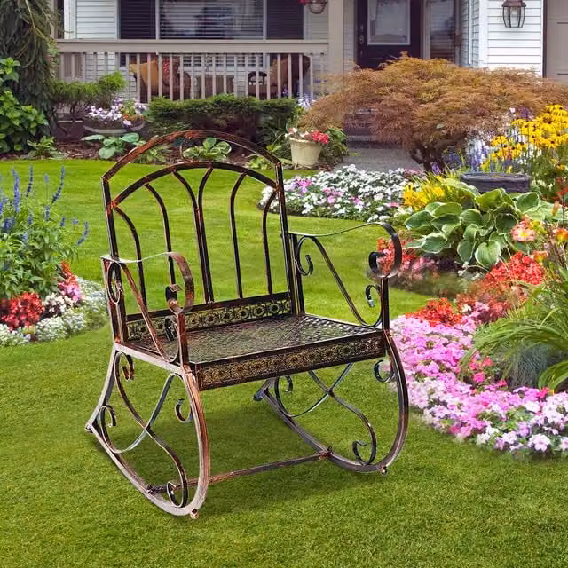 Outsunny Metal 1 Seater Garden Rocking Chair with Armrests in Bronze Red