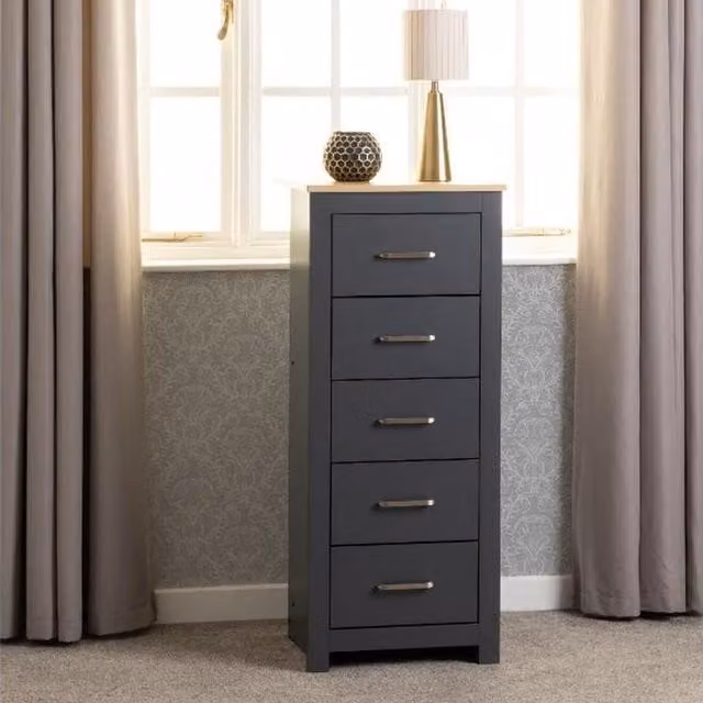 Seconique Portland 5 Drawer Narrow Chest in Grey