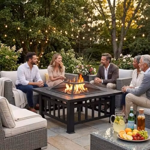 HIRIX 3 in 1 Outdoor Fire Pit Table in Black, Multifunctional Metal Firepit with BBQ Grill, Mesh Lid and Poker for Garden, W/D/H: 31.9 x 31.9 x 31.9 cm – 1