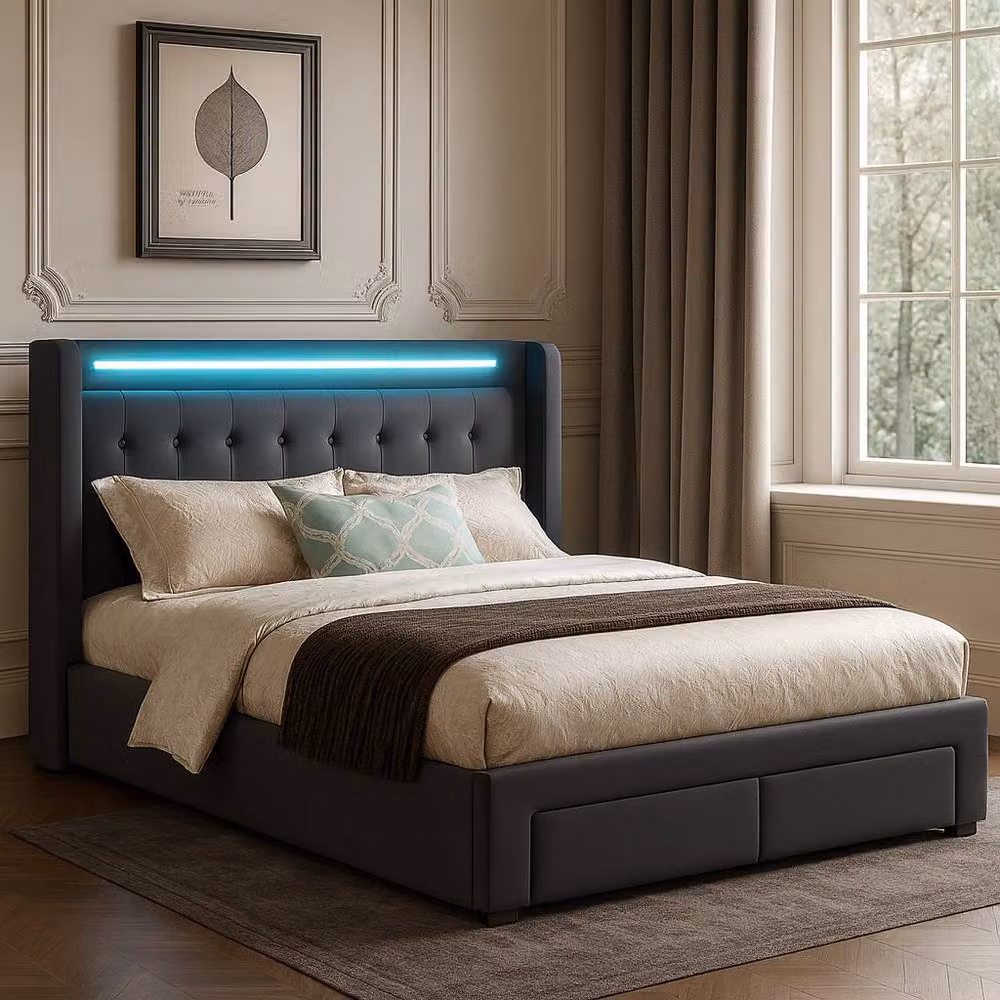 Harmin Grey Upholstered Double Ottoman Bed with LED Headboard and USB Charging Port, W/D/H: 135 x 190 cm – 3