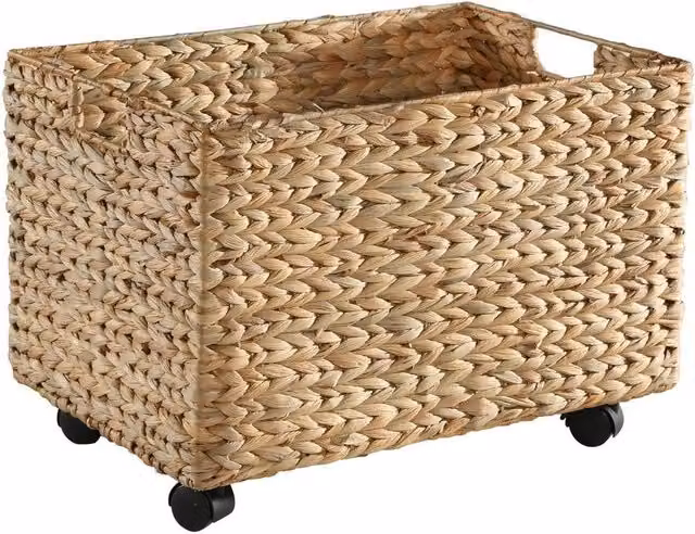 CALICOSY Water Hyacinth Toy Chest with Castors, Beige, W: 50 cm, D: 35 cm, H: 36 cm