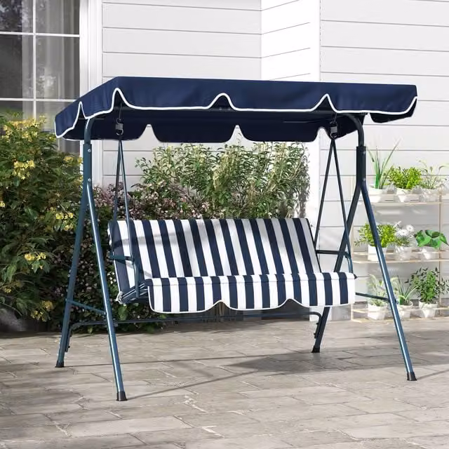 Outsunny 3 Seater Swing Chair with Adjustable Sun Canopy in Blue and White Striped Fabric