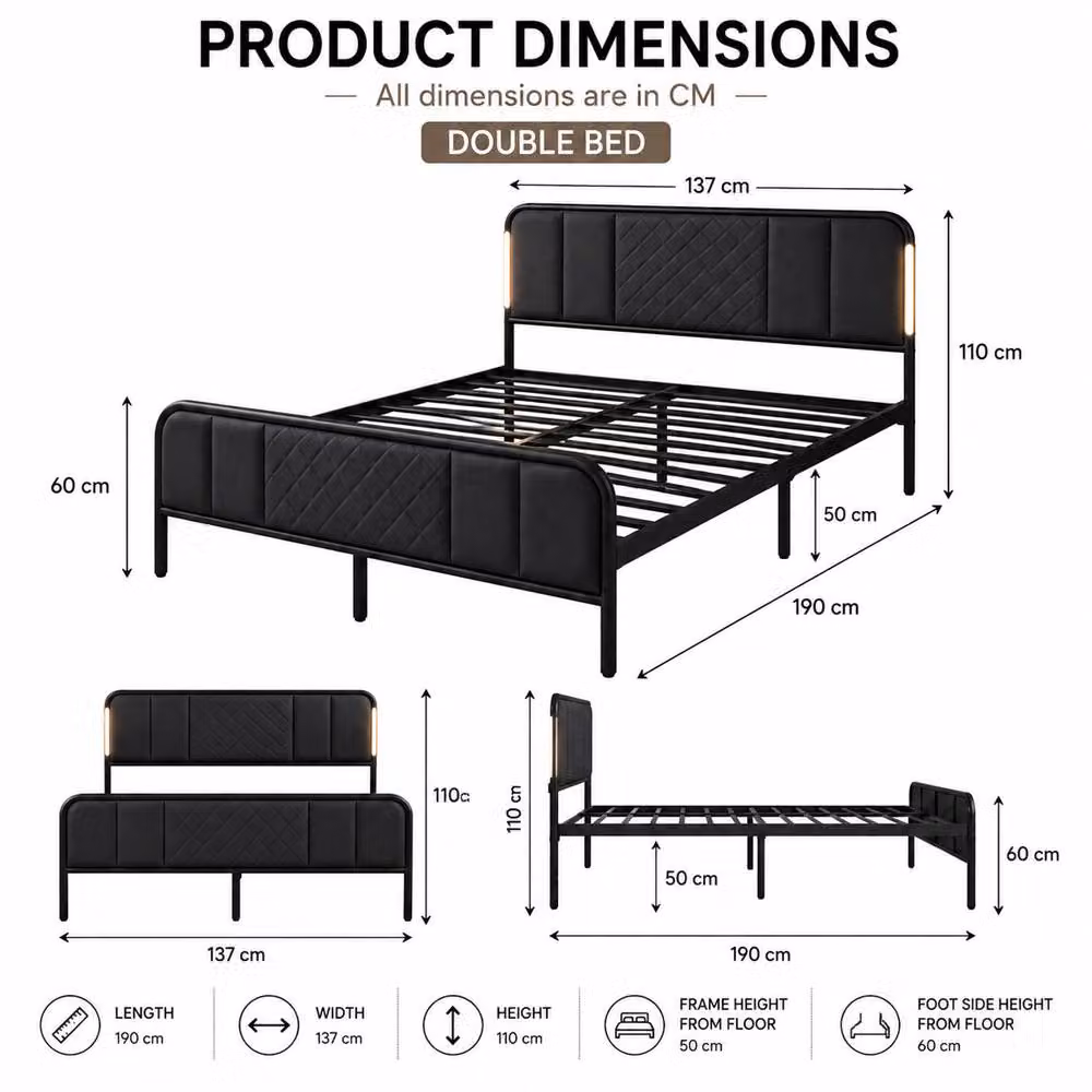 MN Furniture Modern Upholstered LED Bed Frame with Geometric Quilted Headboard in Black, W: 137 cm, L: 190 cm – 3