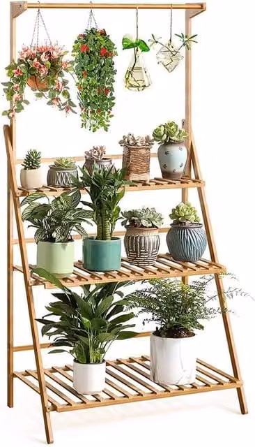 FLAVORA 3 Tier Bamboo Hanging Plant Stand in Natural Brown, W/D/H: 70 x 40 x 96 cm