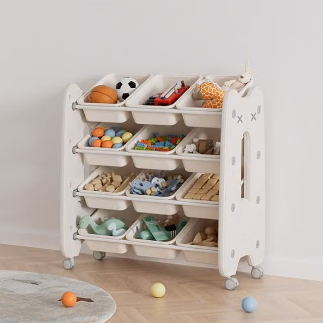 Livingandhome 4 Tier Plastic Toy Storage Organizer with 12 Removable Bins in White and Beige