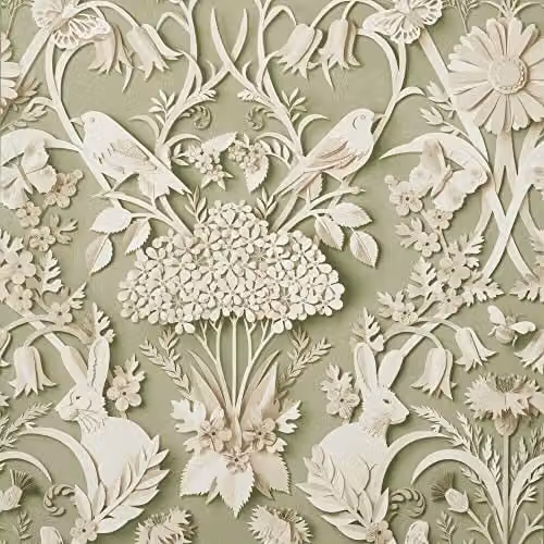 YöL Sage Green Woodland Floral Nature Wallpaper with Animals and Butterflies