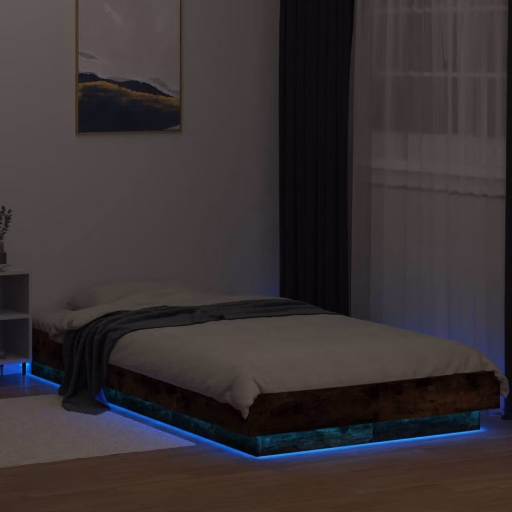 Berkfield Home Durable Bed Frame with Under-Bed LED Lights in Smoked Oak Brown, W/D/H: 90 x 190 x 23 cm – 2