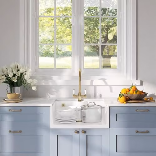 Balterley White Ceramic Butler Sink Single Bowl with Mono Lever Mixer Tap and Waste, White and Gold – 2