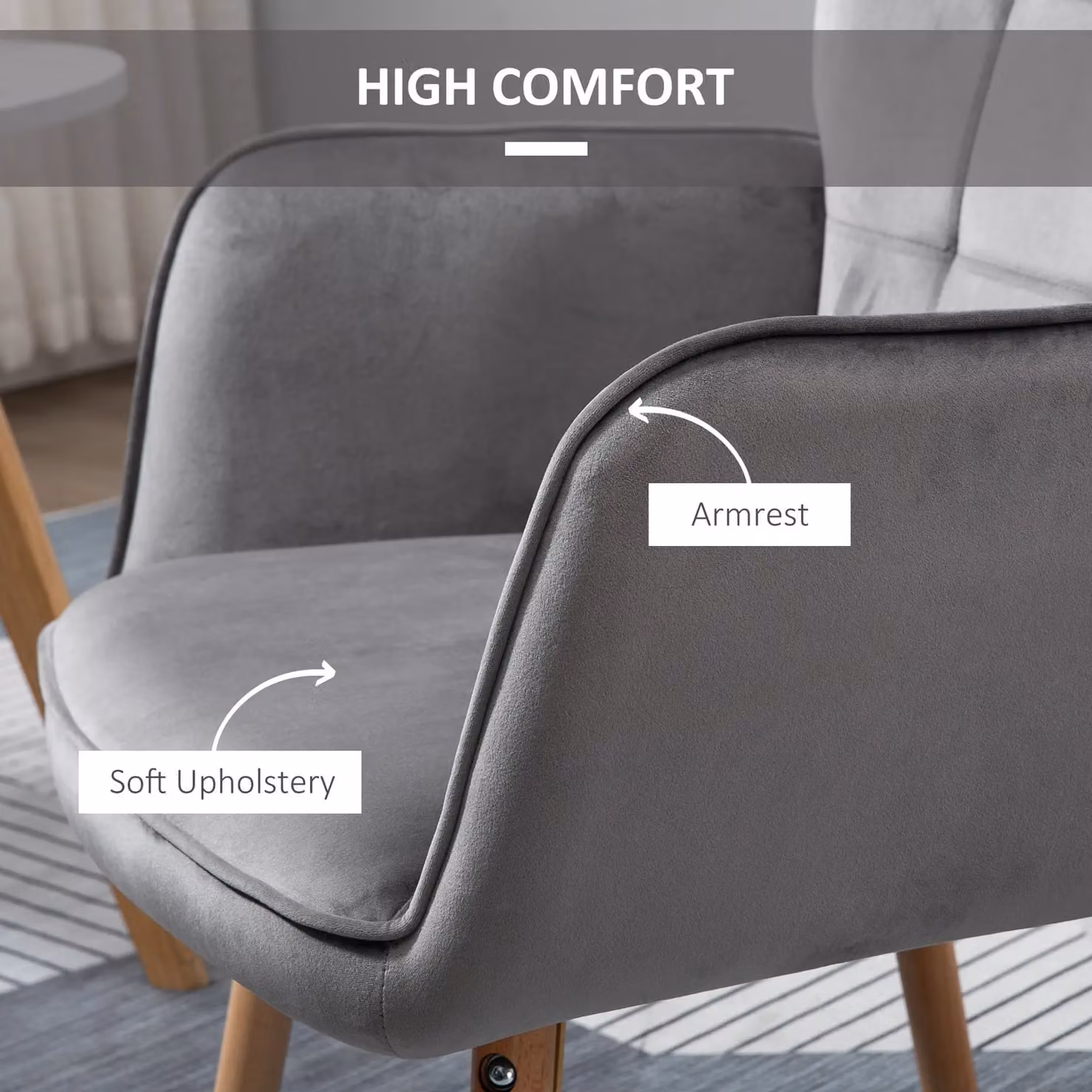 HOMCOM Set of 2 Modern Velvet Tufted Wingback Armchairs in Grey with Wood Legs, W/D/H: 71.0 x 76.0 x 101.0 cm – 3